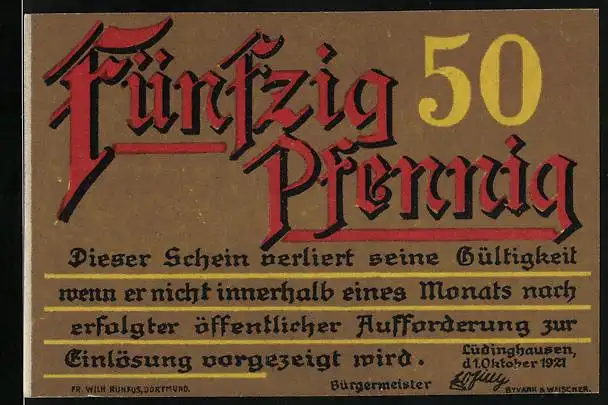 Notgeld Lüdinghausen 1921, 50 Pfennig, Mann mit Glocke verkündet Neuigkeiten