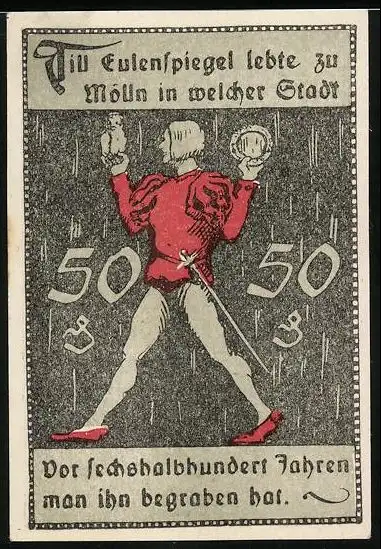 Notgeld Mölln i. Lbg. 1921, 50 Pfennig, Ortsansicht und Till Eulenspiegel