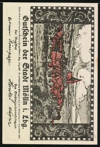 Notgeld Mölln i. Lbg. 1921, 50 Pfennig, Ortsansicht und Till Eulenspiegel
