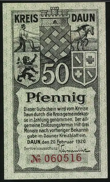 Notgeld Daun / Eifel 1920, 50 Pfennig, Am Toten Maar bei Daun, Wappen