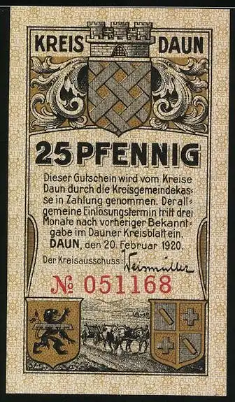 Notgeld Daun / Eifel 1920, 25 Pfennig, Monterley bei Gerolstein, Wappen