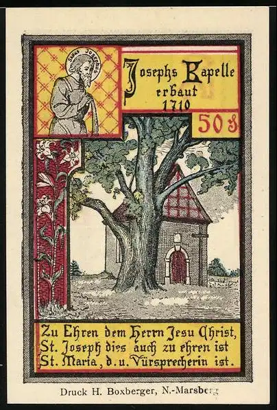 Notgeld Nieder-Marsberg 1921, 50 Pfennig, Bilstein und Josephs Kapelle erbaut 1710