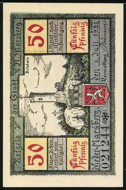 Notgeld Nieder-Marsberg 1921, 50 Pfennig, Bilstein und Josephs Kapelle erbaut 1710