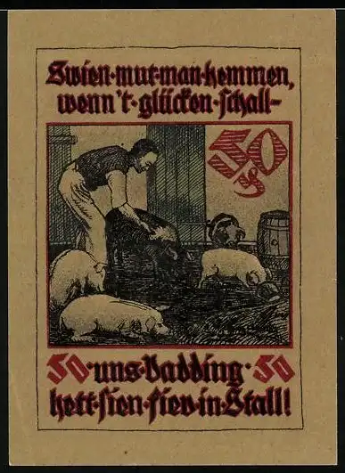 Notgeld Pries-Friedrichsort, 50 Pfennig, Bauer im Schweinestall, Junge mit Ziege