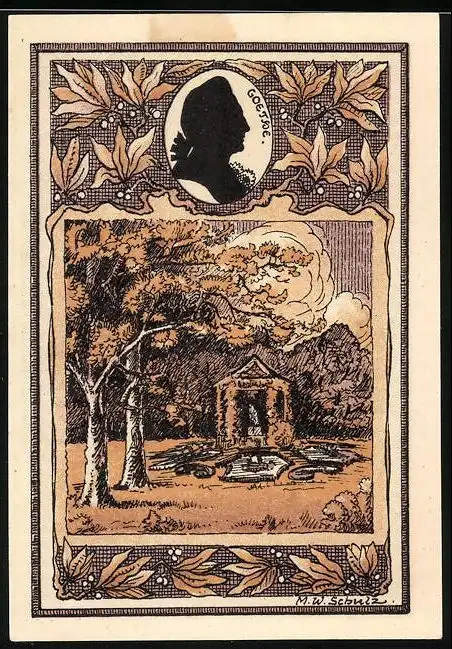 Notgeld Tiefurt 1921, 50 Pfennig, Bildnis Johann Wolfgang von Goethe, Musentempel, Bildnis Herzogin Anna Amalie