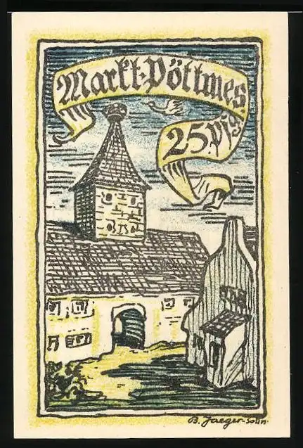 Notgeld Pöttmes, 25 Pfennig, Ortspartie und Wappen
