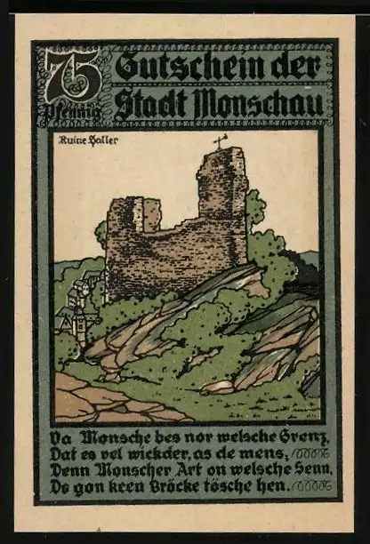 Notgeld Monschau 1921, 75 Pfennig, Ruine Haller
