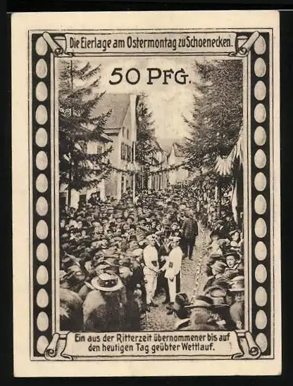 Notgeld Schönecken / Eifel 1921, 50 Pfennig, Eierlage am Ostermontag, Blick zur Burg, Gutschein