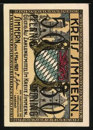 Notgeld Simmern 1921, 50 Pfennig, Frau in Tracht, Mann mit Nachtmütze und Pfeife, Wappen