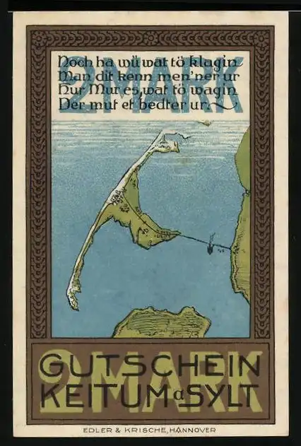 Notgeld Keitum / Sylt 1921, 2 Mark, Landkarte der Insel, Wappen