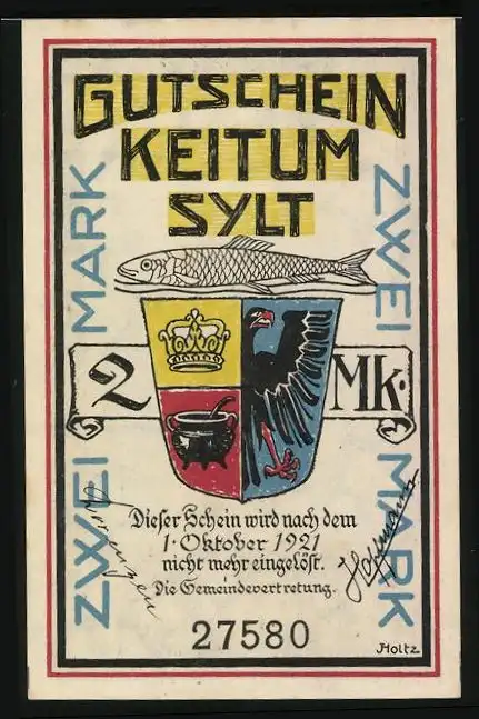 Notgeld Keitum / Sylt 1921, 2 Mark, Landkarte der Insel, Wappen