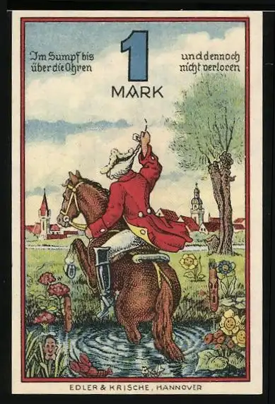 Notgeld Rinteln 1920, 1 Mark, Münchhausen reitet durch den Sumpf, Wappen