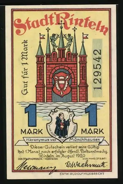 Notgeld Rinteln 1920, 1 Mark, Münchhausen reitet durch den Sumpf, Wappen