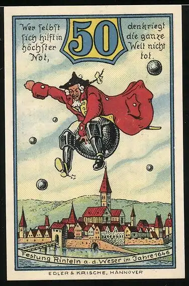 Notgeld Rinteln 1920, 50 Pfennig, Münchhausen fliegt auf der Kanonenkugel, Archivhäuschen von Münchhausen