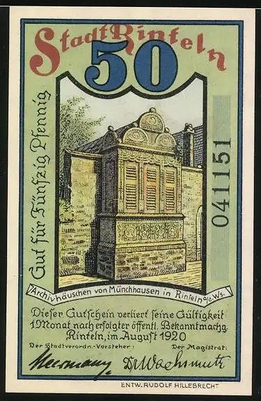 Notgeld Rinteln 1920, 50 Pfennig, Münchhausen fliegt auf der Kanonenkugel, Archivhäuschen von Münchhausen