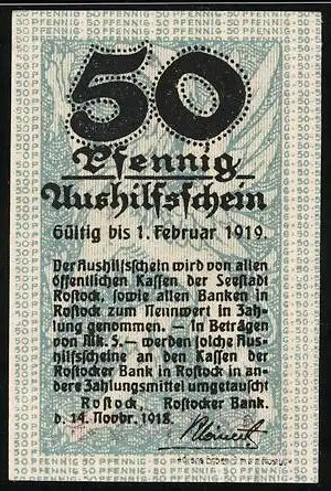 Notgeld Rostock 1918, 50 Pfennig, Aushilfsschein, Signatur