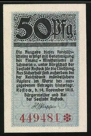 Notgeld Rostock 1918, 50 Pfennig, Aushilfsschein, Signatur