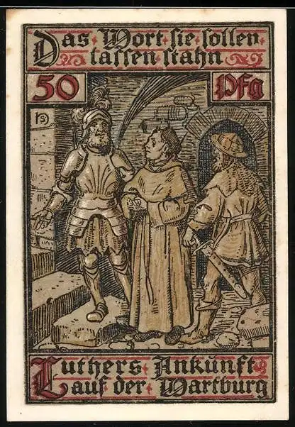 Notgeld Eisenach 1921, 50 Pfennig, Luthers Ankunft auf der Wartburg, Wappen