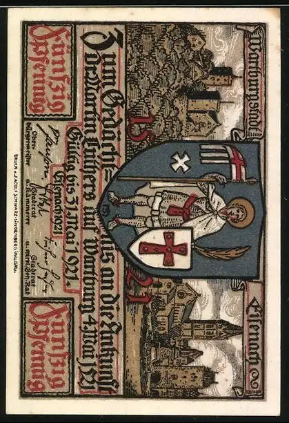 Notgeld Eisenach 1921, 50 Pfennig, Luthers Ankunft auf der Wartburg, Wappen