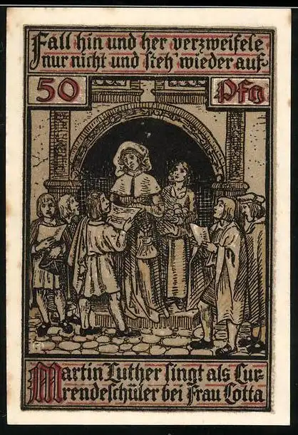 Notgeld Eisenach 1921, 50 Pfennig, Martin Luther singt als Kurrendeschüler bei Frau Cotta, Wappen