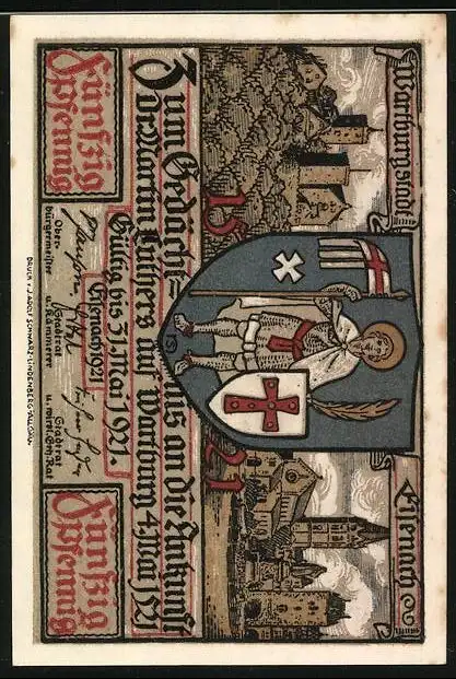 Notgeld Eisenach 1921, 50 Pfennig, Martin Luther singt als Kurrendeschüler bei Frau Cotta, Wappen