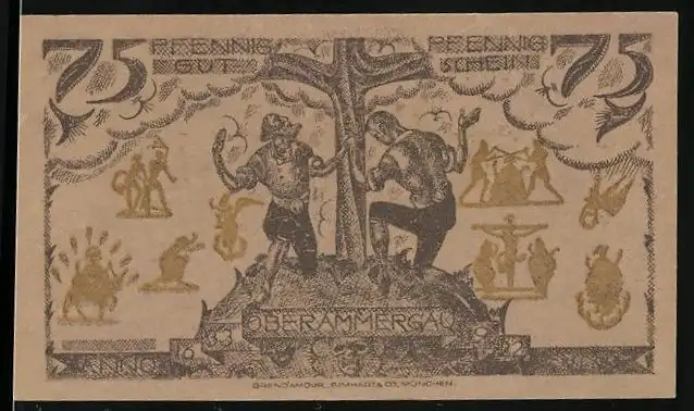 Notgeld Oberammergau 1921, 75 Pfennig, Ortsansicht mit Kirche, Männer knien an einem Kreuz