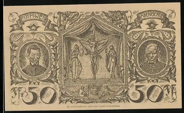 Notgeld Oberammergau 1921, 50 Pfennig, Ortsansicht, Jesus am Kreuz