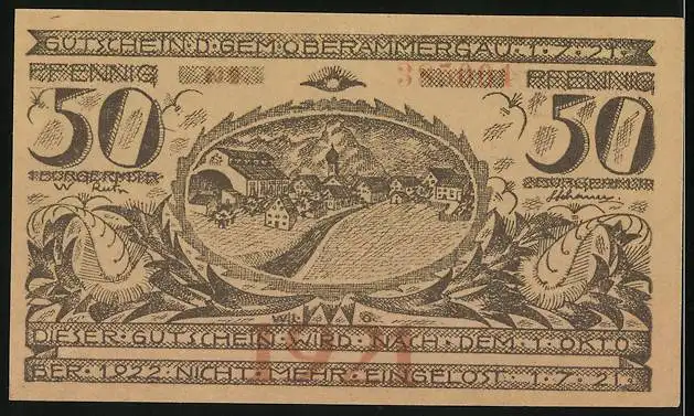 Notgeld Oberammergau 1921, 50 Pfennig, Ortsansicht, Jesus am Kreuz