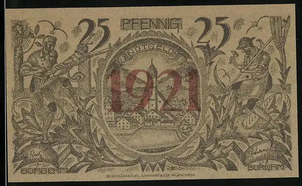 Notgeld Oberammergau 1921, 25 Pfennig, Jesus am Kreuz, Blick zur Kirche