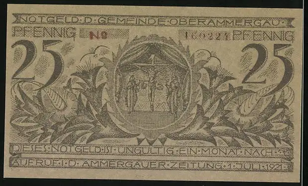 Notgeld Oberammergau 1921, 25 Pfennig, Jesus am Kreuz, Blick zur Kirche