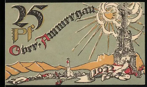 Notgeld Oberammergau 1921, 25 Pfennig, Ortsansicht mit Gebirgspanorama, Maske und Wappen