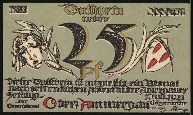 Notgeld Oberammergau 1921, 25 Pfennig, Ortsansicht mit Gebirgspanorama, Maske und Wappen