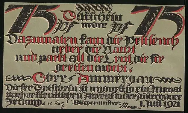 Notgeld Oberammergau 1921, 75 Pfennig, Ortsansicht mit Sensenmann vor Gebirgspanorama