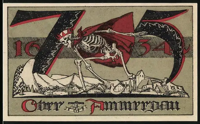 Notgeld Oberammergau 1921, 75 Pfennig, Ortsansicht mit Sensenmann und Gebirgspanorama