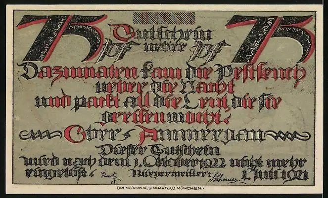 Notgeld Oberammergau 1921, 75 Pfennig, Ortsansicht mit Sensenmann und Gebirgspanorama