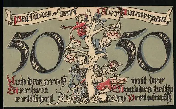 Notgeld Oberammergau 1921, 50 Pfennig, Ortsansicht und Gebirgspanorama, Kinder klettern auf einen Baum