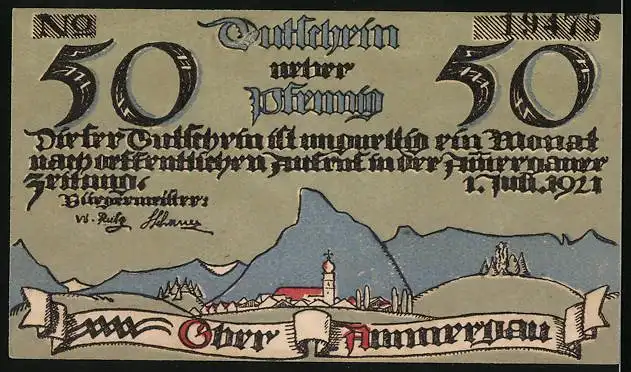 Notgeld Oberammergau 1921, 50 Pfennig, Ortsansicht und Gebirgspanorama, Kinder klettern auf einen Baum