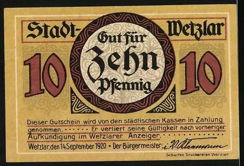 Notgeld Wetzlar 1920, 10 Pfennig, Fabrikanlagen und optische Geräte, Mikroskop und Fernglas