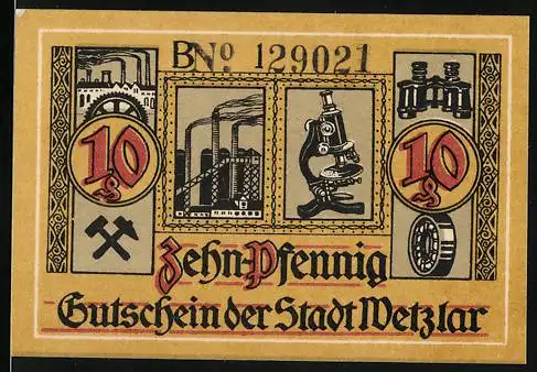 Notgeld Wetzlar 1920, 10 Pfennig, Fabrikanlagen und optische Geräte, Mikroskop und Fernglas