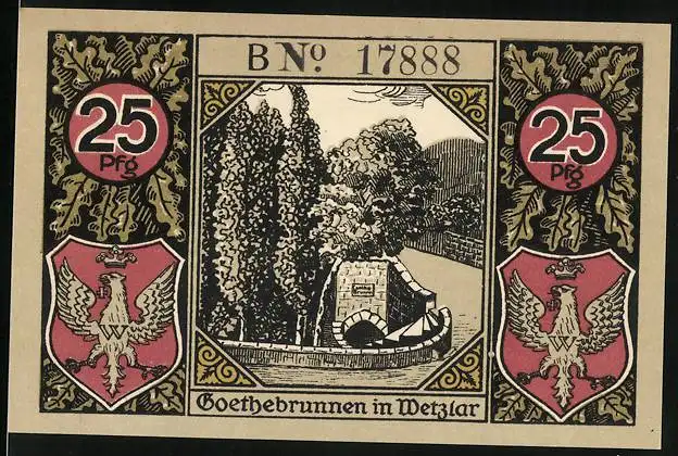 Notgeld Wetzlar 1920, 25 Pfennig, Goethebrunnen, Bildnis Johann Wolfgang von Goethe und Charlotte Buff