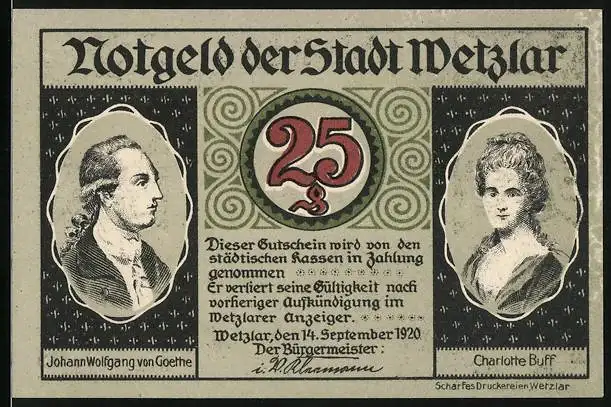 Notgeld Wetzlar 1920, 25 Pfennig, Goethebrunnen, Bildnis Johann Wolfgang von Goethe und Charlotte Buff