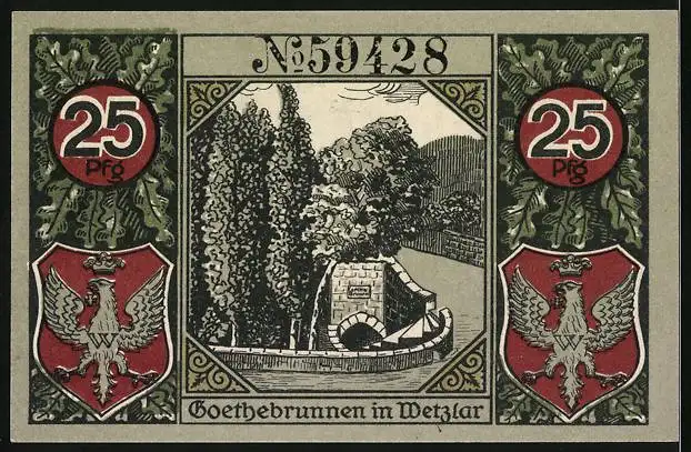 Notgeld Wetzlar 1920, 25 Pfennig, Goethebrunnen, Bildnis Johann Wolfgang von Goethe und Charlotte Buff