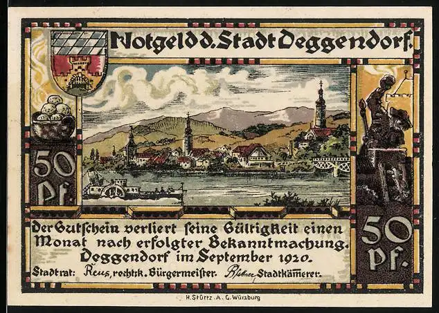 Notgeld Deggendorf 1920, 50 Pfennig, Panorama, Kirche, Geistlicher und Wappen