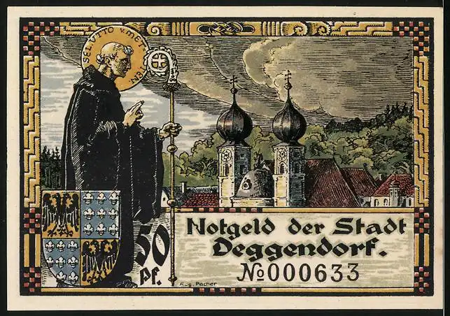 Notgeld Deggendorf 1920, 50 Pfennig, Panorama, Kirche, Geistlicher und Wappen