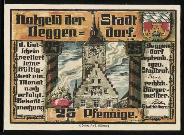 Notgeld Deggendorf 1920, 25 Pfennig, Altes Rathaus, Wappen