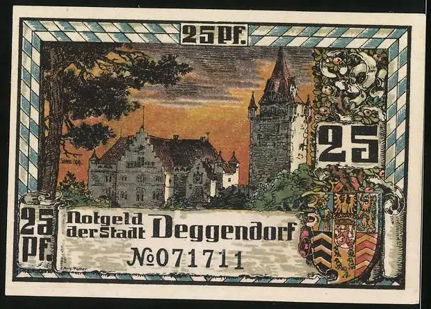 Notgeld Deggendorf 1920, 25 Pfennig, Altes Rathaus, Wappen