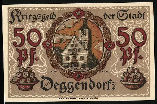 Notgeld Deggendorf 1918, 50 Pfennig, Altes Rathaus, Denkmal mit Wappen