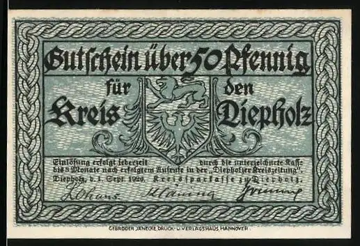 Notgeld Diepholz 1920, 50 Pfennig, Schloss zu Diepholz, Gutschein