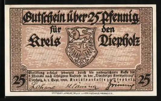 Notgeld Diepholz 1920, 25 Pfennig, Bauernhaus und Wappen, Gutschein