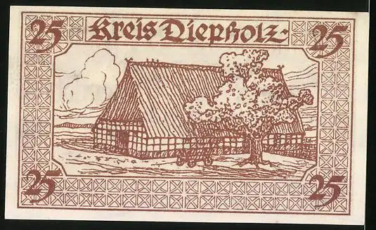 Notgeld Diepholz 1920, 25 Pfennig, Bauernhaus und Wappen, Gutschein